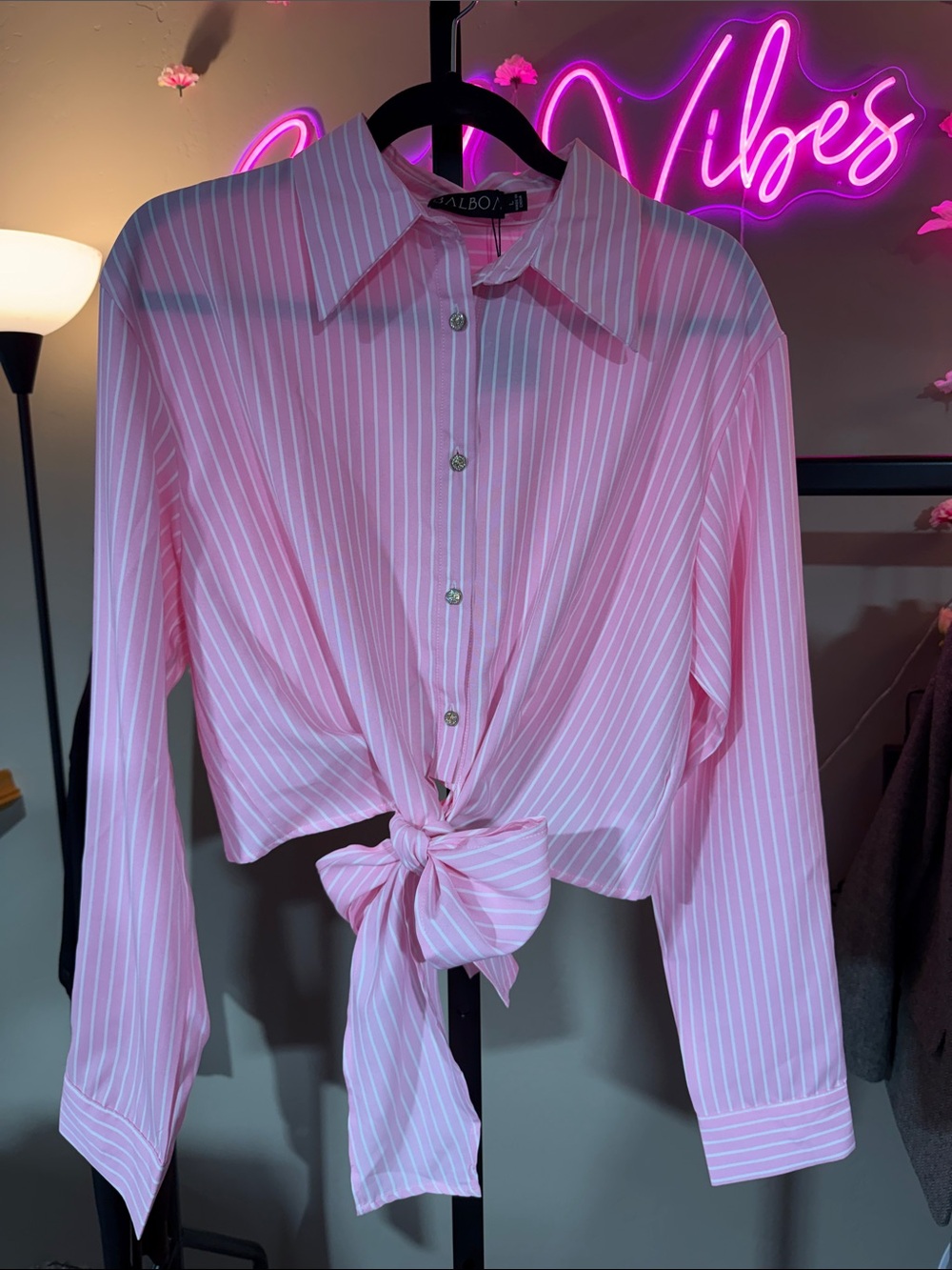 Balboa Pink Striped Tie-Front Button-Down Shirt